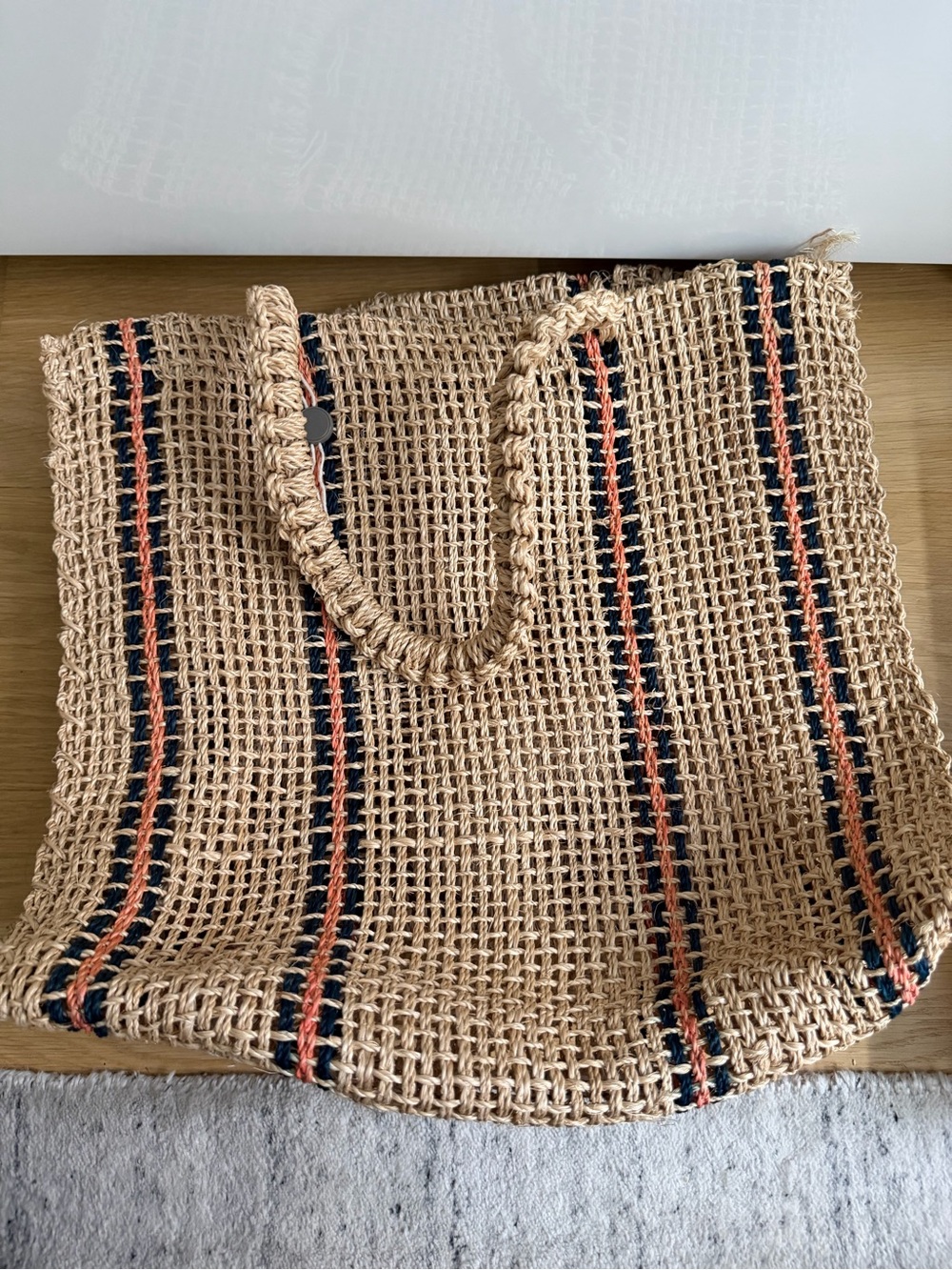 Braided Straw Tote with Navy & Coral Stripe Accents
